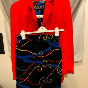 Laurel red trench coat & velvet skirt